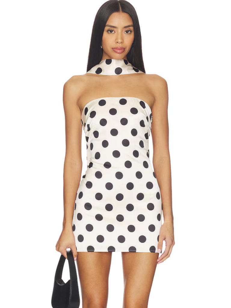 New More To Come Hartlen Strapless Mini Dress In Nude Polka Dot Scarf Strapless